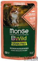 Влажный корм для стерилизованных кошек Monge Cat BWild Grain Free кусочки в соусе с лососем, креветками и овощами 85 гр