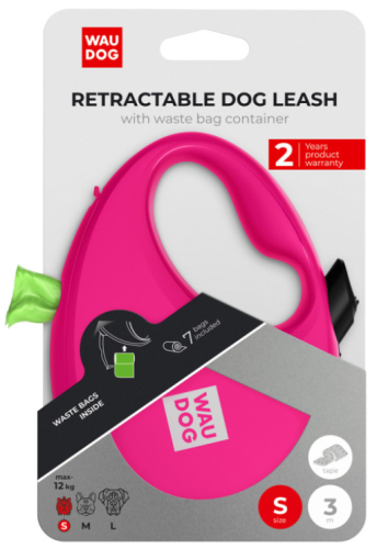 Поводок-рулетка для собак WAUDOG R-leash с контейнером для пакетов, светоотражающая лента, размер S, розовый фото 6