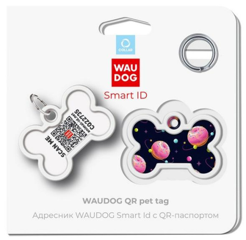 Адресник Waudog Smart ID c QR-паспортом для собак и котов, металл, рисунок "Вселенная пончиков", кость, 40*28 мм фото 5
