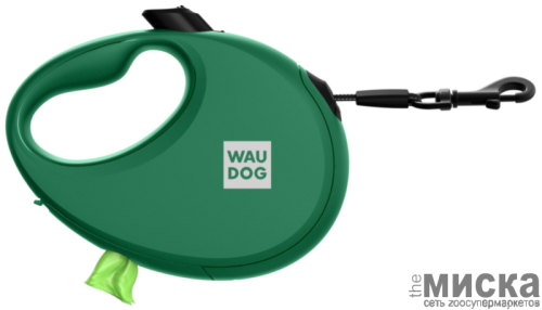 Поводок-рулетка для собак WAUDOG R-leash с контейнером для пакетов, светоотражающая лента, размер S, зелёный