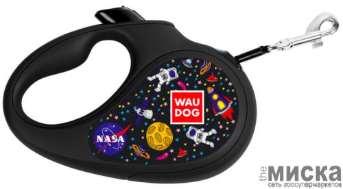 Поводок-рулетка для собак WAUDOG с рисунком "NASA", размер S, чёрный