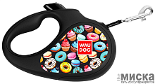 Поводок-рулетка для собак WAUDOG с рисунком "Пончики", размер S, чёрный