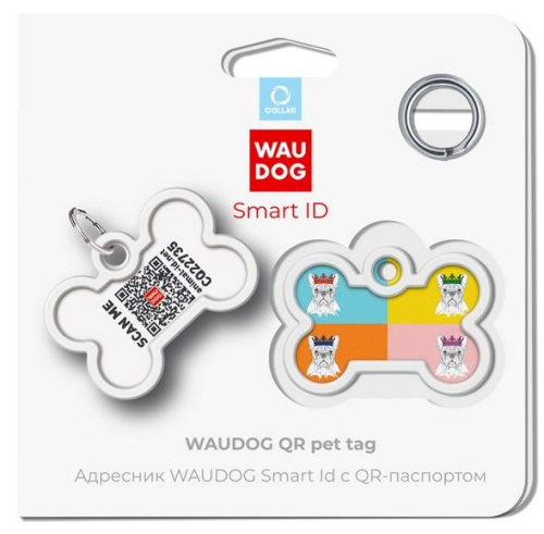 Адресник Waudog Smart ID c QR-паспортом для собак и котов, металл, рисунок "Бульдоги", кость, 40*28 мм фото 5