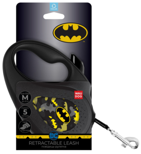 Поводок-рулетка для собак WAUDOG с рисунком "Бэтмен Узор", размер M, чёрный фото 3