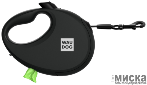 Поводок-рулетка для собак WAUDOG R-leash с контейнером для пакетов, светоотражающая лента, размер S, чёрный