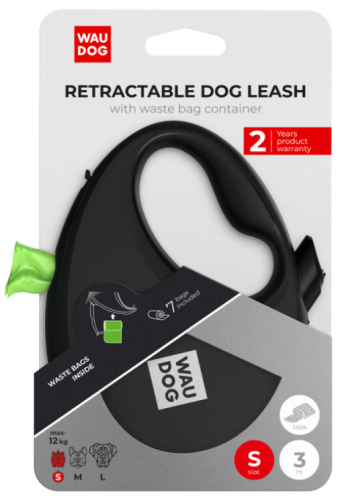 Поводок-рулетка для собак WAUDOG R-leash с контейнером для пакетов, светоотражающая лента, размер S, чёрный фото 6