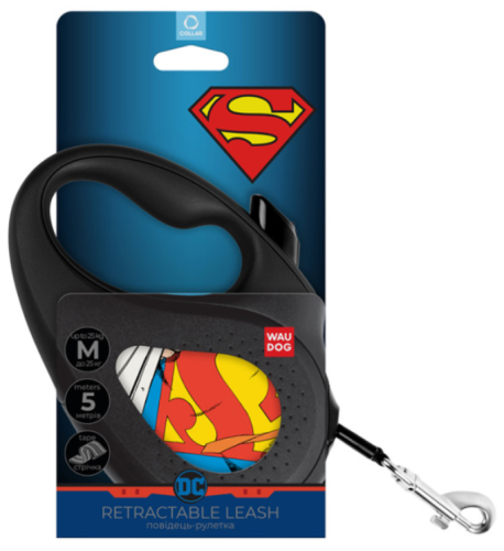 Поводок-рулетка для собак WAUDOG с рисунком "Супермен Герой", размер M, чёрный фото 3