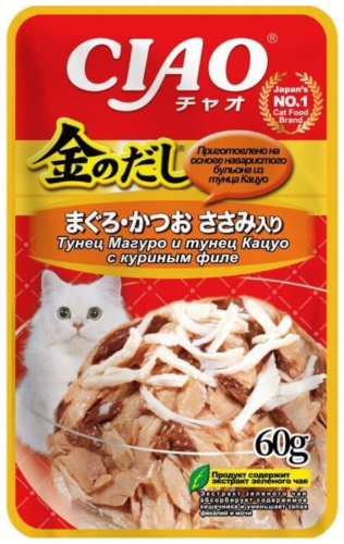 INABA Ciao Kinnodashi Тунец Магуро и тунец Кацуо с куриным филе 60 г