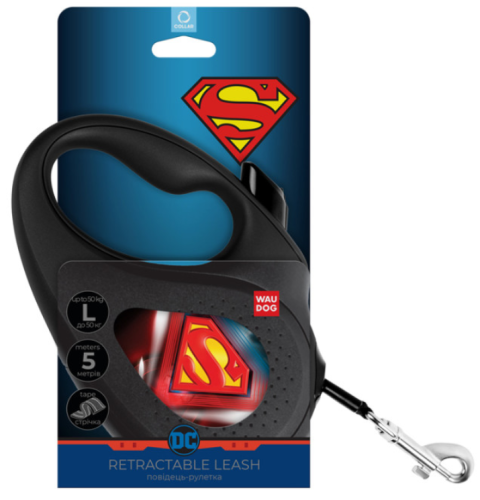 Поводок-рулетка для собак WAUDOG с рисунком "Супермен Лого", размер L, чёрный фото 3