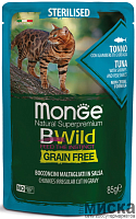 Влажный корм для стерилизованных кошек Monge Cat BWild Grain Free кусочки в соусе с тунцом, креветками и овощами 85 гр
