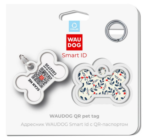 Адресник Waudog Smart ID c QR-паспортом для собак и котов, металл, рисунок "Растения", кость, 40*28 мм фото 5
