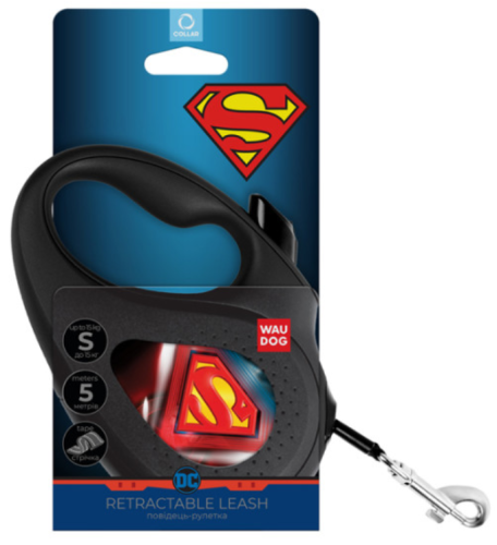 Поводок-рулетка для собак WAUDOG с рисунком "Супермен Лого", размер S, чёрный фото 3
