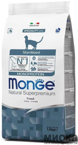 Сухой корм для стерилизованных кошек Monge Superpremium Monoprotein Sterilised с форелью 1.5 кг