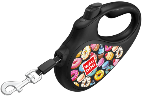 Поводок-рулетка для собак WAUDOG с рисунком "Пончики", размер S, чёрный фото 2