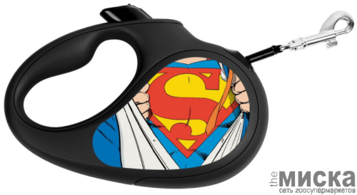 Поводок-рулетка для собак WAUDOG с рисунком "Супермен Герой", размер M, чёрный