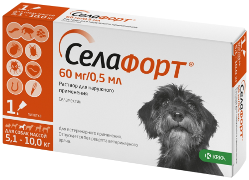 Раствор для собак от 5 кг до 10 кг KRKA "Селафорт" 60 мг/0,5 мл 1 пипетка