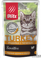 BLITZ корм консервированный кусочки в соусе полнорационный для кошек с Индейкой и печенью