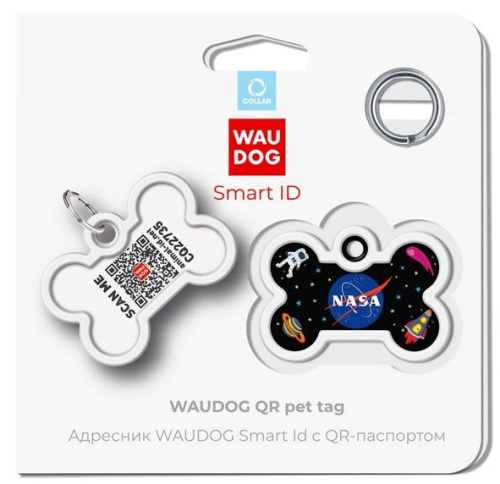 Адресник Waudog Smart ID c QR-паспортом для собак и котов, металл, рисунок "NASA", кость, 40*28 мм фото 5