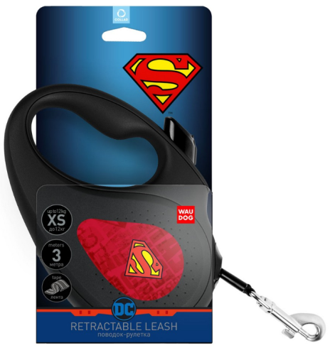 Поводок-рулетка для собак WAUDOG с рисунком "Супермен Лого Красный", размер XS, чёрный фото 3