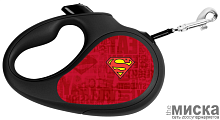 Поводок-рулетка для собак WAUDOG с рисунком "Супермен Лого Красный", размер S, чёрный