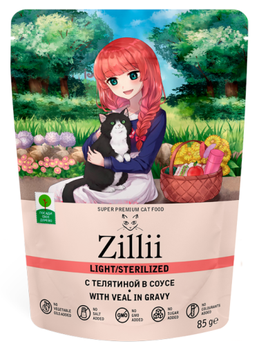 Фото ZILLII LIGHT STERILIZED CAT VEAL для взрослых кастрированных котов и стерилизованных кошек с телятиной в соусе пауч (85 гр)
