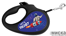 Поводок-рулетка для собак WAUDOG с рисунком "Космос. Ракета", светоотражающая лента, размер M, чёрный