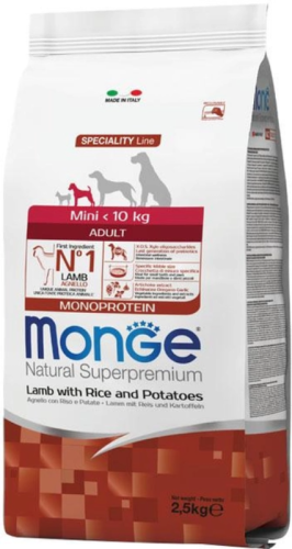 Сухой корм для собак малых пород Monge Mini Adult Lamb&Rice с ягнёнком и рисом 2.5 кг