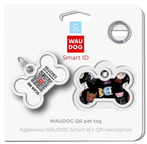 Адресник Waudog Smart ID c QR-паспортом для собак и котов, металл, рисунок "Коты", кость, 40*28 мм фото 5